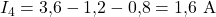 \displaystyle I_4 = 3{,}6 - 1{,}2 - 0{,}8 = 1{,}6\ \mathrm{A}