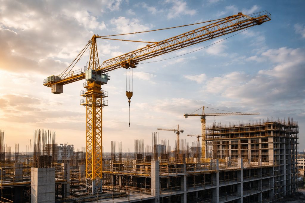 Żurawie wieżowe na placu budowy – udźwig, wysięg i stabilność